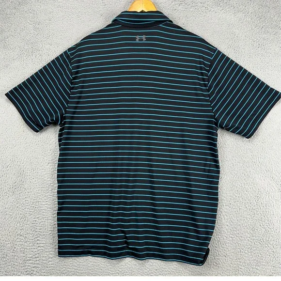 Under Armour Mens The Play Off Polo Shirt XL Black Blue Stripes Golf Rugby Logo